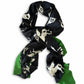 Black and green silky scarf with white soft revolution bitcoin horse designs on a white background