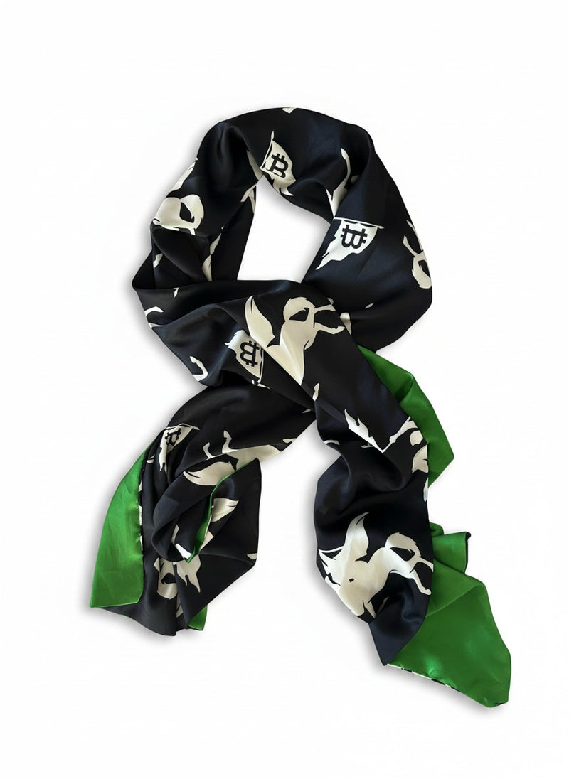 Black and green silky scarf with white soft revolution bitcoin horse designs on a white background