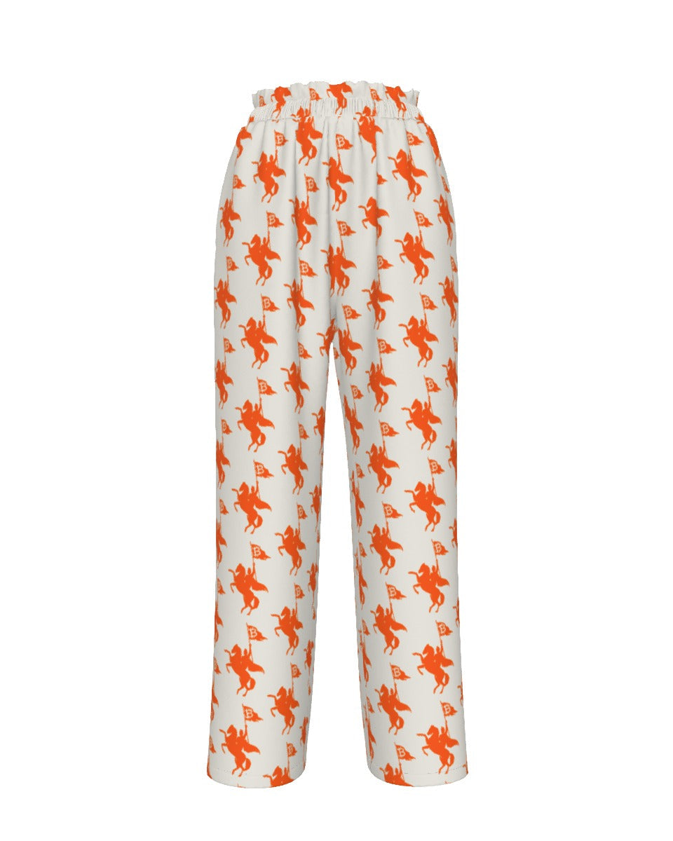 White women's bitcoin pants with orange soft revolution pattern on a white background - SVRN Society