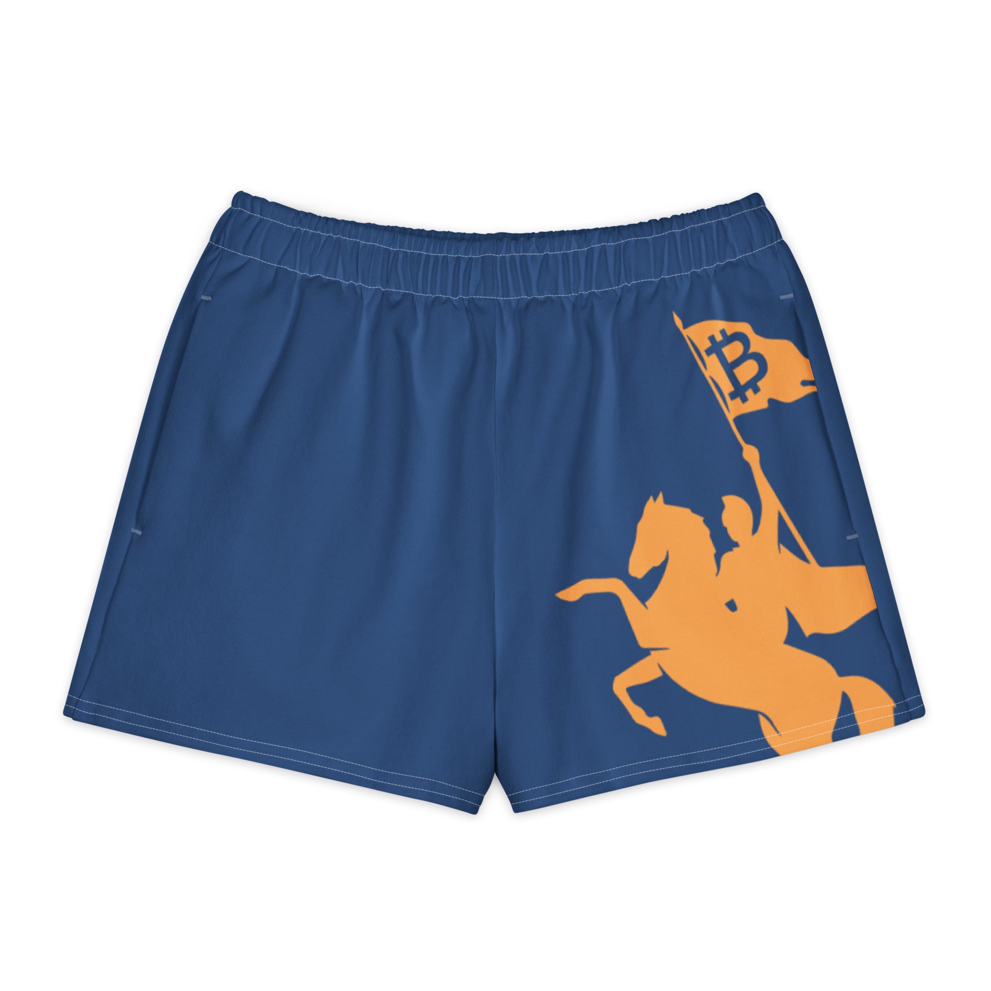 women's bitcoin shorts with orange horse and blue base color by the orange habit at SVRN Society