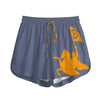 Blue bitcoin shorts with orange graphic of a person on horseback holding a Bitcoin flag on a white background