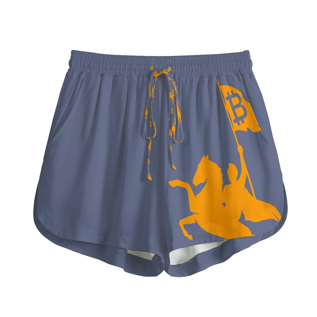 Blue bitcoin shorts with orange graphic of a person on horseback holding a Bitcoin flag on a white background