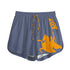 Blue bitcoin shorts with orange graphic of a person on horseback holding a Bitcoin flag on a white background