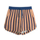 Striped women's bitcoin shorts with blue and orange pattern on a white background - SVRN Society
