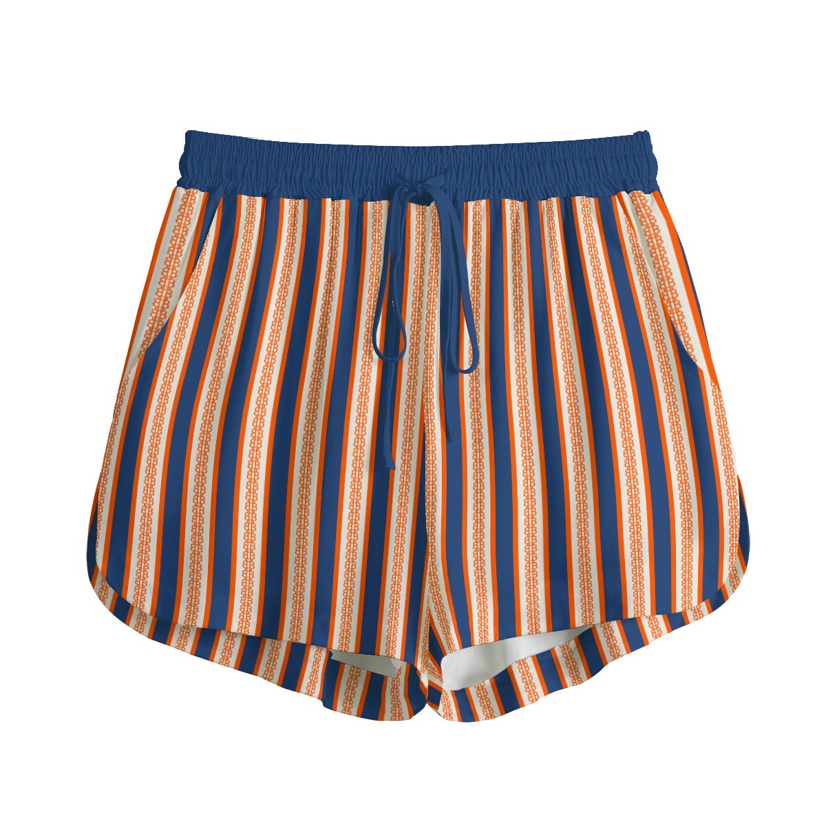 Striped women's bitcoin shorts with blue and orange pattern on a white background - SVRN Society