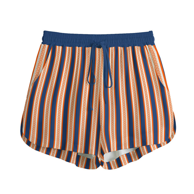 Striped women's bitcoin shorts with blue and orange pattern on a white background - SVRN Society