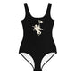 Black bitcoin youth swimsuit with white graphic design on a white background