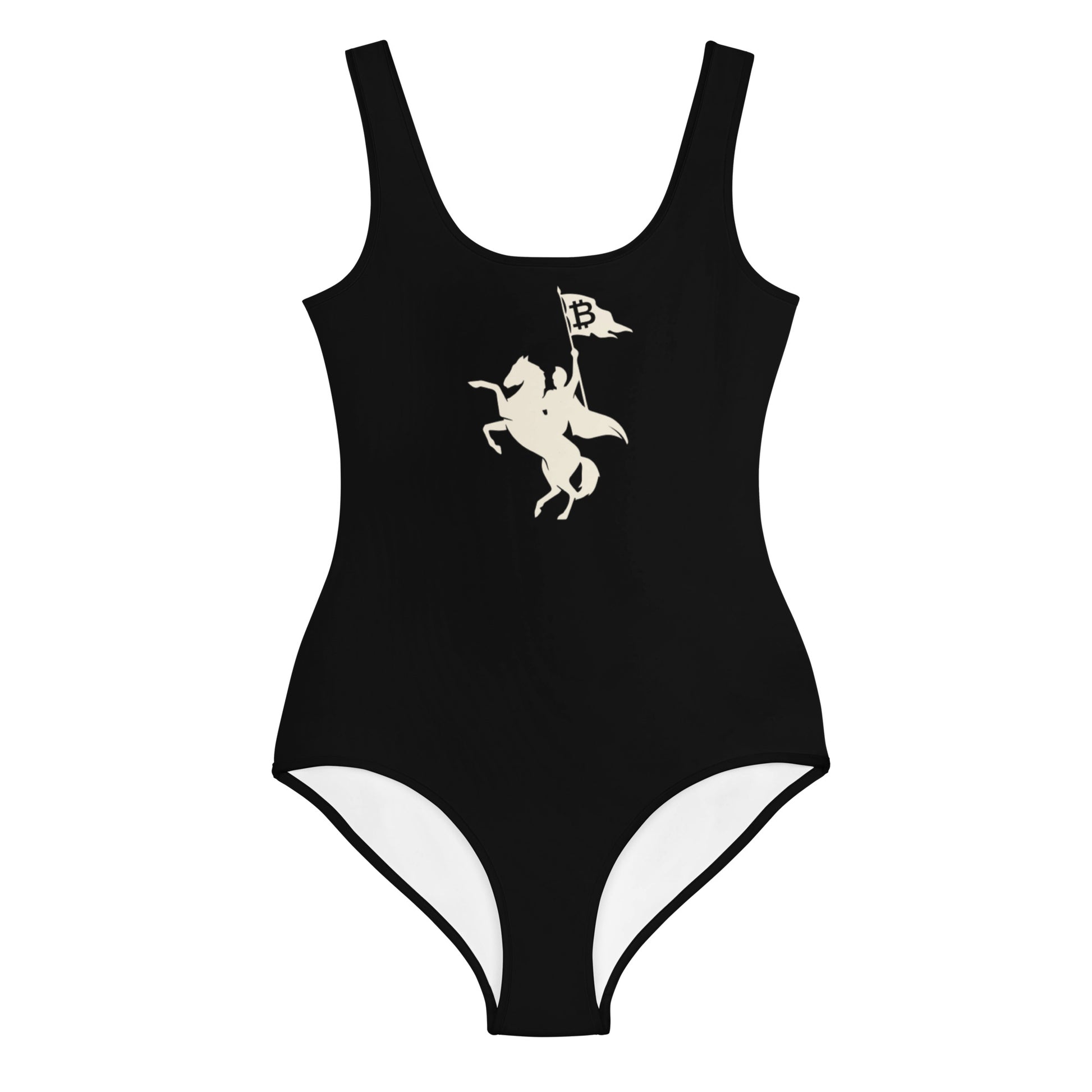 Black bitcoin youth swimsuit with white graphic design on a white background