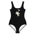 Black bitcoin youth swimsuit with white graphic design on a white background