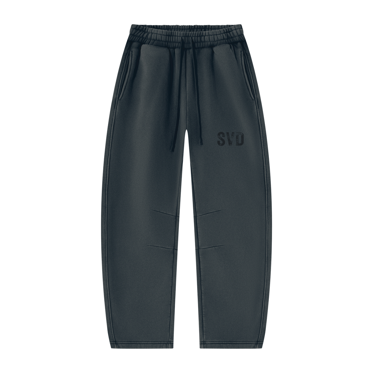 Navy blue SVD vintage wash barrel leg sweatpants, front view with tonal thigh logo, drawstring waist and slash pockets.