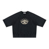 SVRN Society black vintage wash short sleeve sweatshirt with a graphic eye print on the chest.