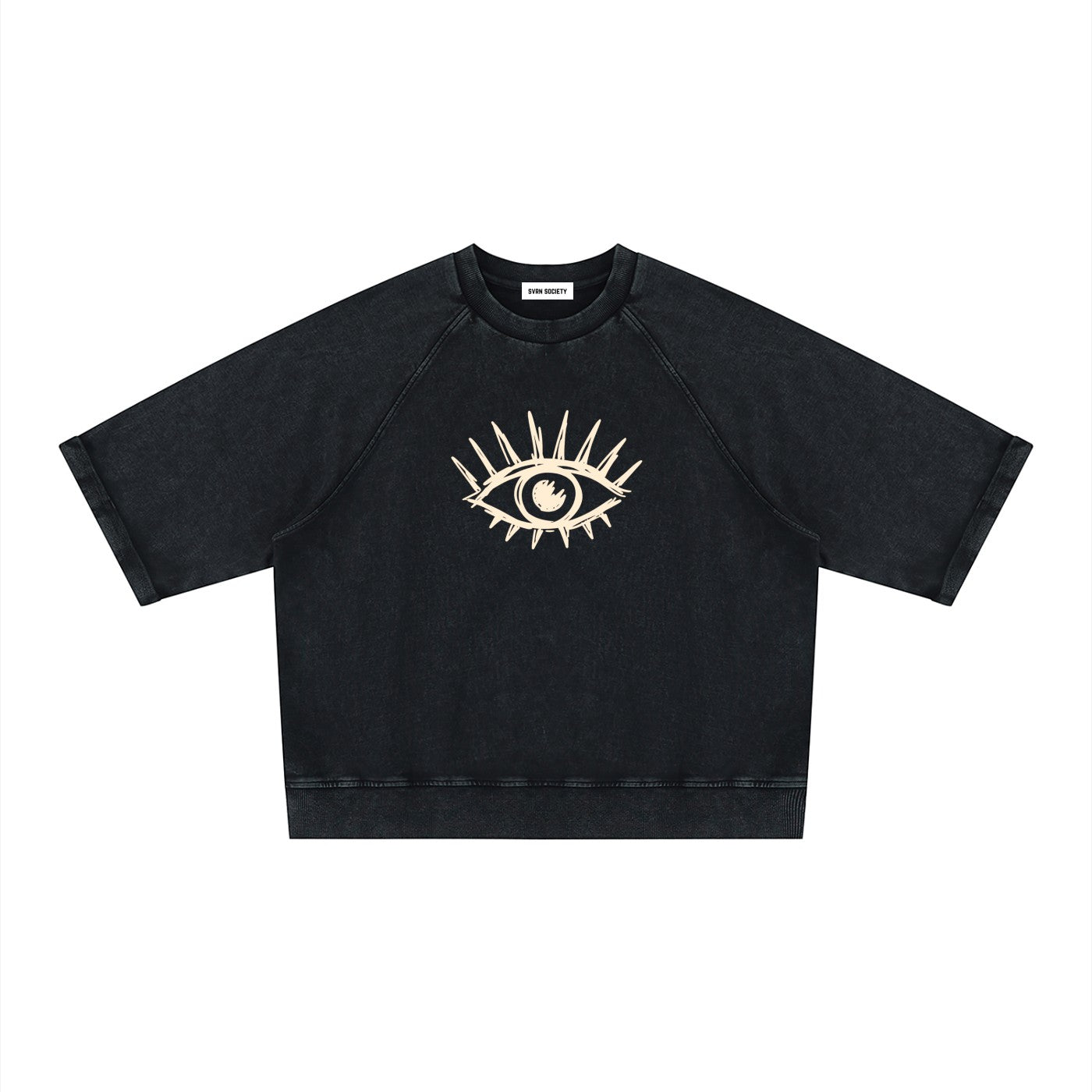 SVRN Society black vintage wash short sleeve sweatshirt with a graphic eye print on the chest.