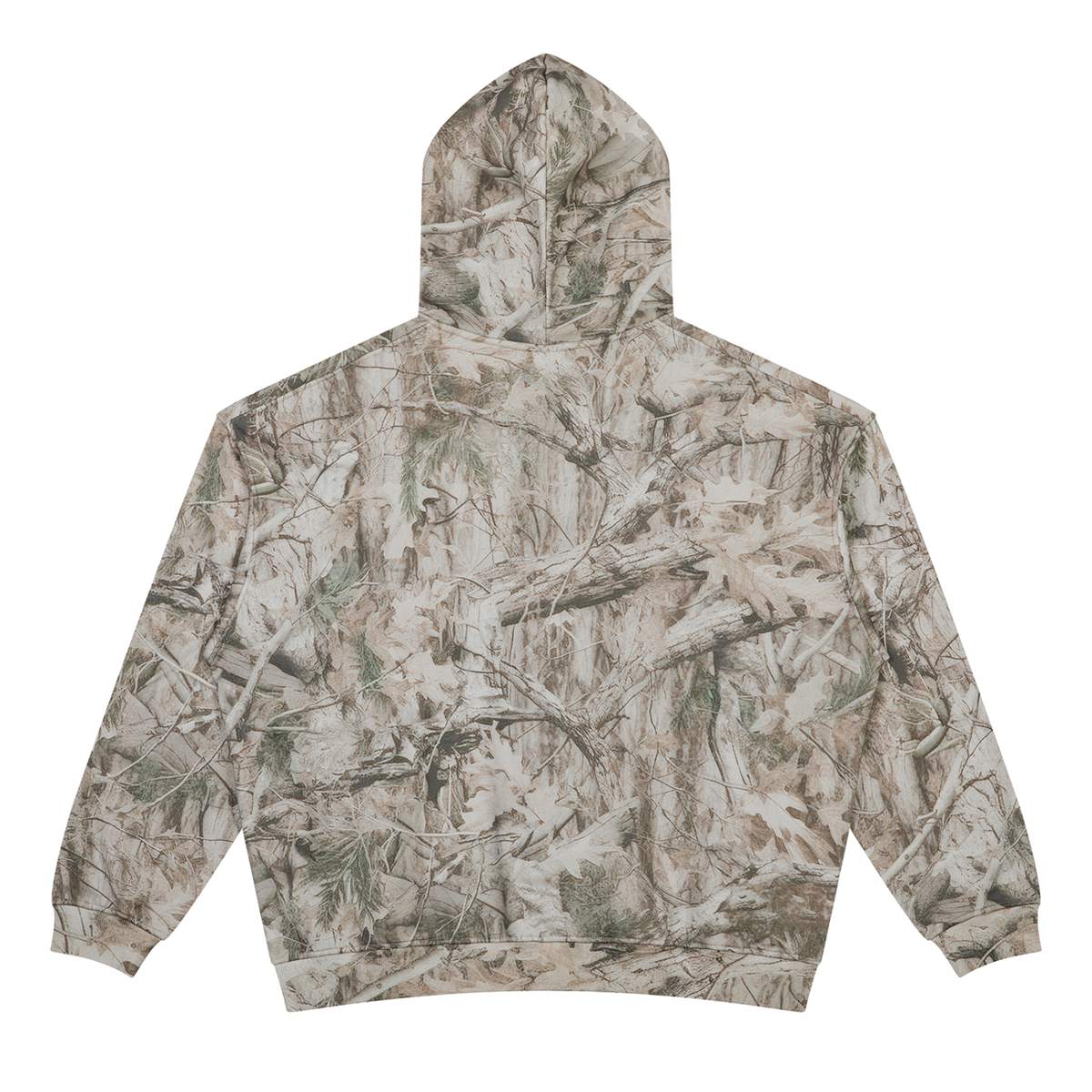Kayfabe oversized fleece hoodie in tree camo, plain back view