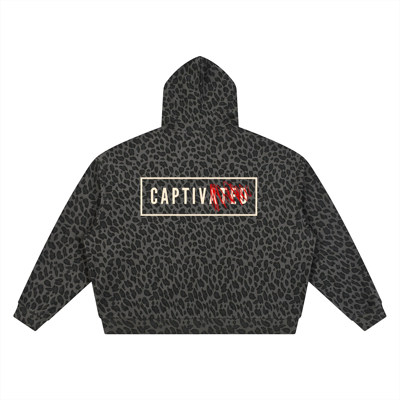 Back view of SVRN Society leopard print waffle hoodie with CAPTIVATED graphic in a rectangular frame