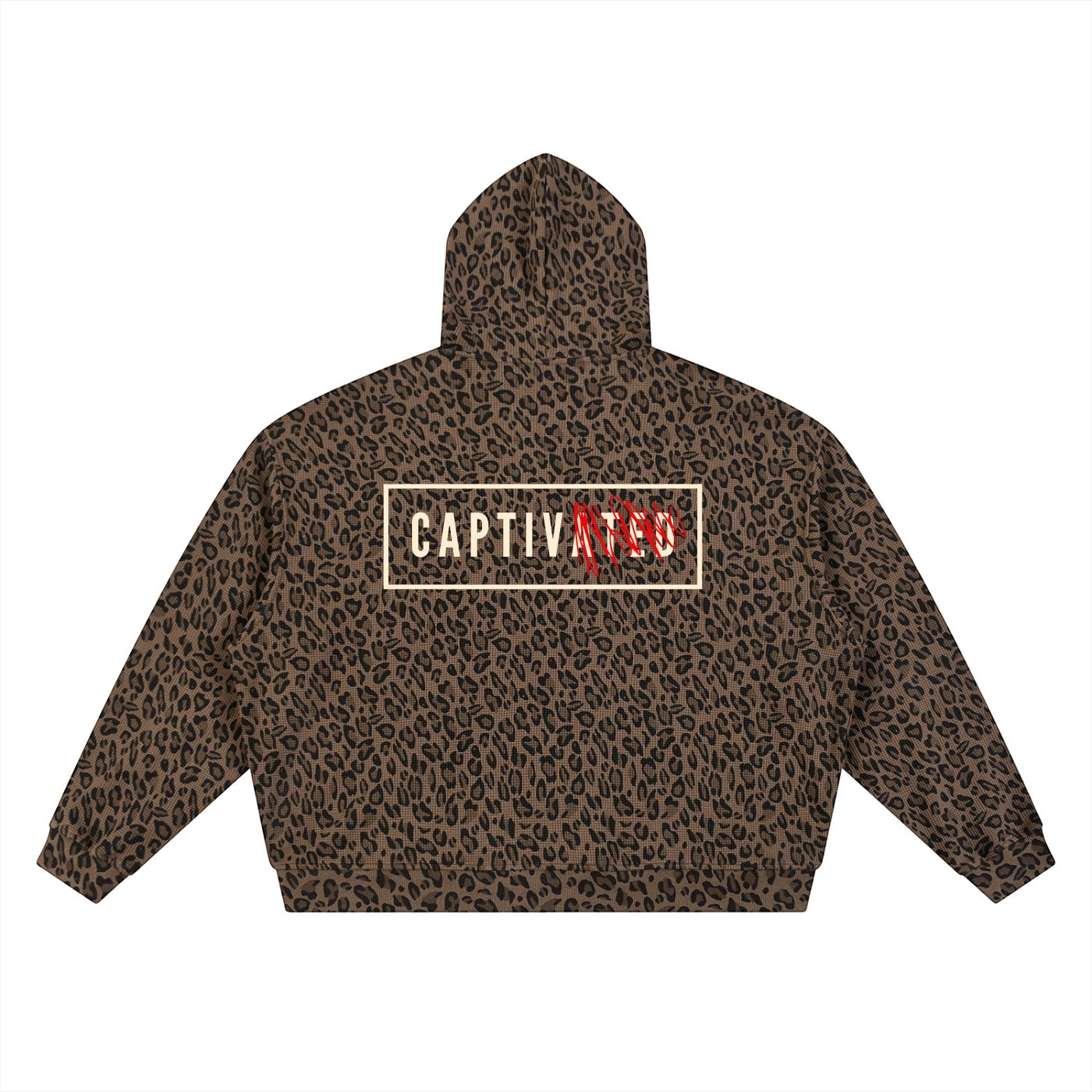 Back view of SVRN Society brown leopard print waffle full zip hoodie with CAPTIVATED graphic print