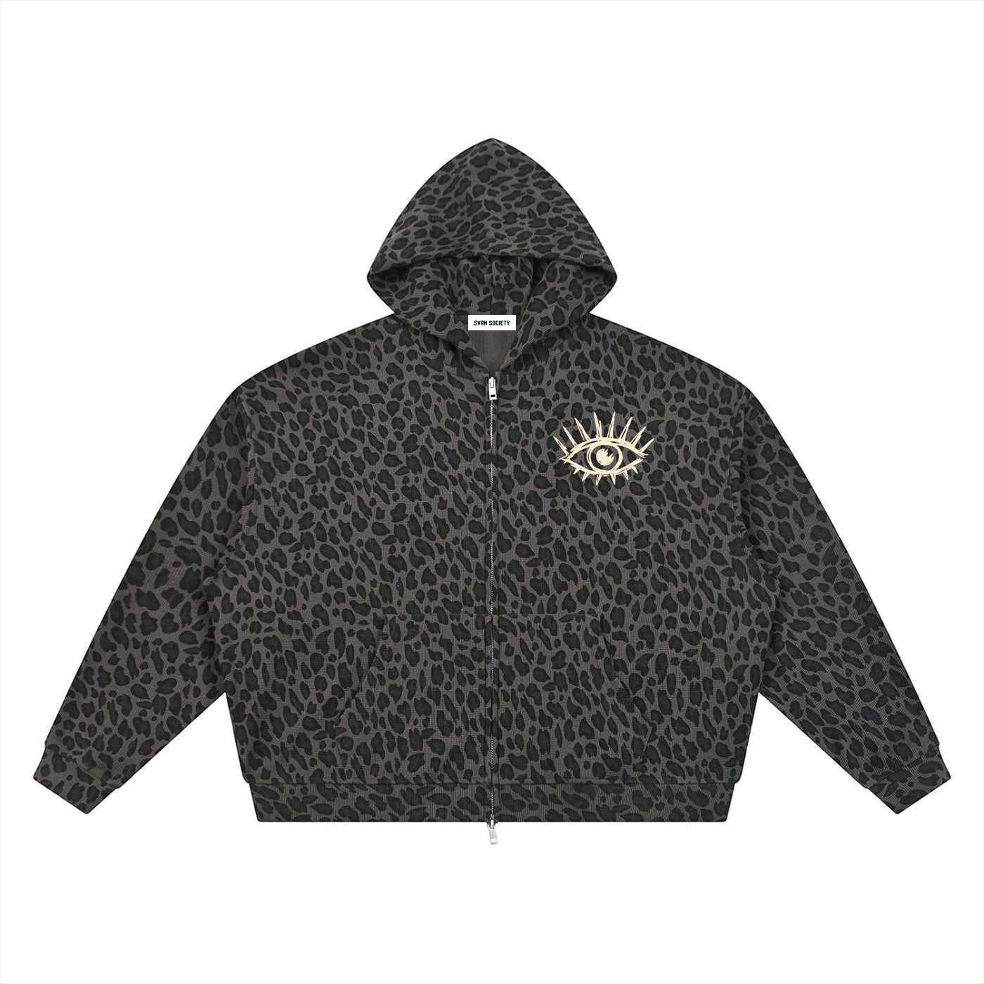 SVRN Society leopard print waffle full zip hoodie in black with an eye graphic on the chest and drop shoulders.
