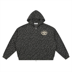 SVRN Society leopard print waffle full zip hoodie in black with an eye graphic on the chest and drop shoulders.