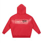SVRN Society red boxy hoodie featuring a white rectangular graphic on the back with the text CAPTIVATED crossed out