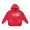 SVRN Society red boxy zip-up hoodie featuring a white graphic eye design on the chest and a washed finish.