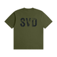 SVD Seamless Cotton T-Shirt in army green, back view with large distressed SVD print