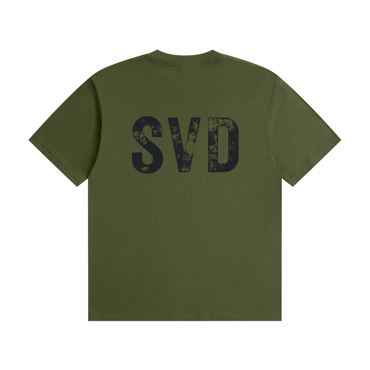 SVD Seamless Cotton T-Shirt in army green, back view with large distressed SVD print