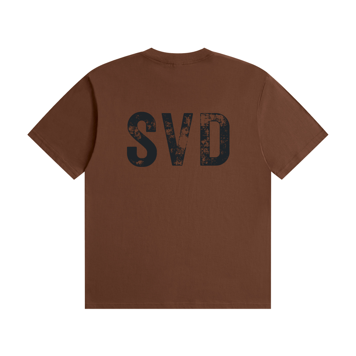 SVD Seamless Cotton T-Shirt in coffee brown, back view with large distressed SVD print