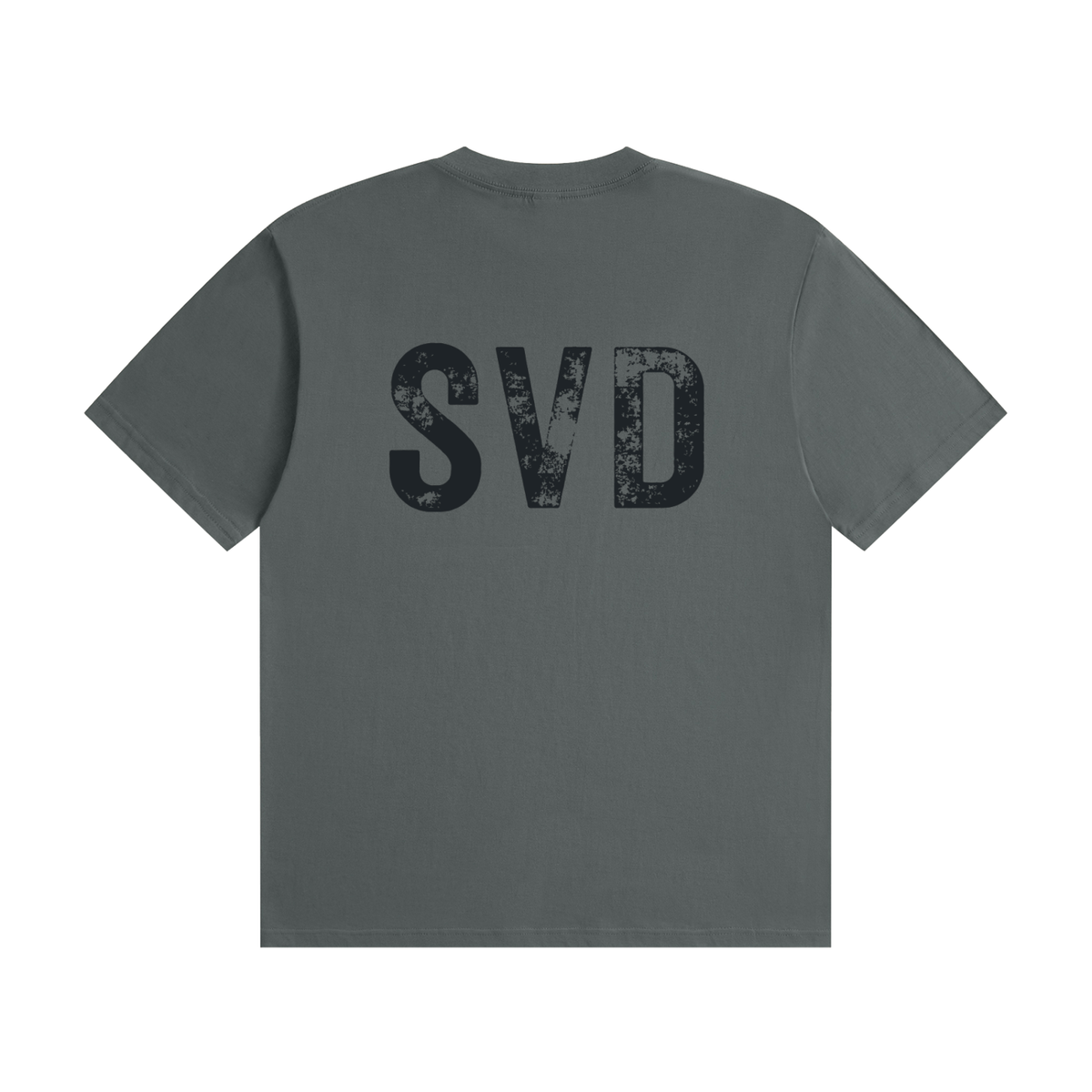SVD Seamless Cotton T-Shirt in gray, back view with large distressed SVD print