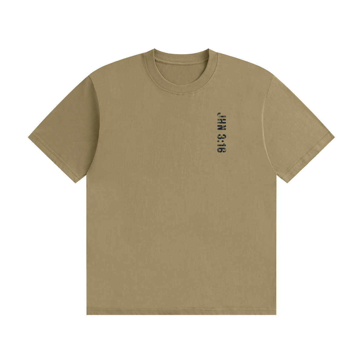 SVD Seamless Cotton T-Shirt in khaki, front view with vertical John 3:16 print