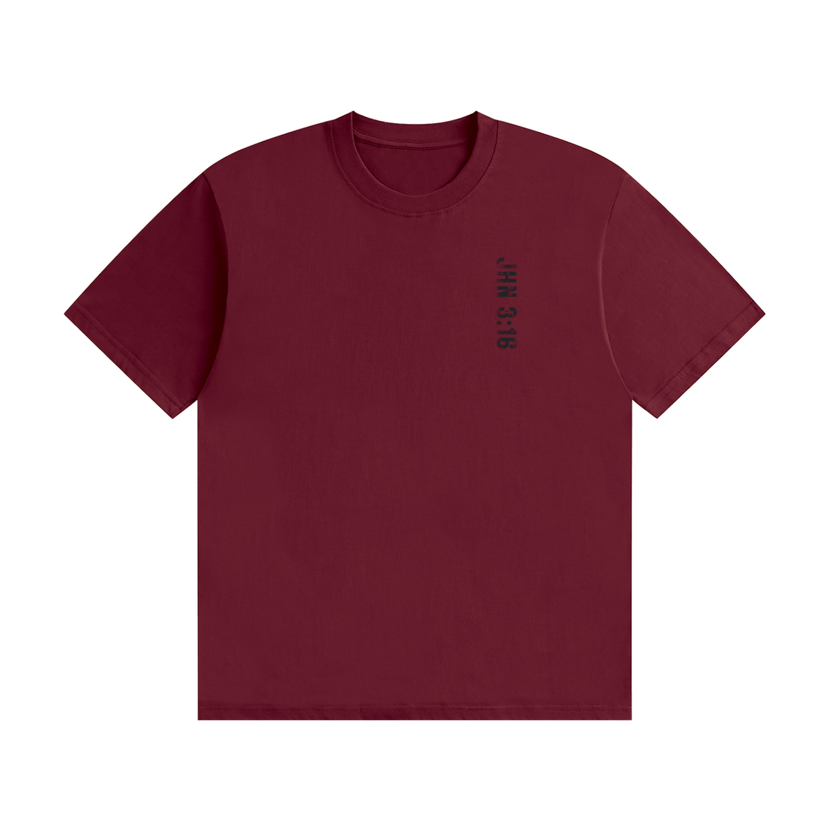 SVD Seamless Cotton T-Shirt in wine red, front view with vertical John 3:16 print
