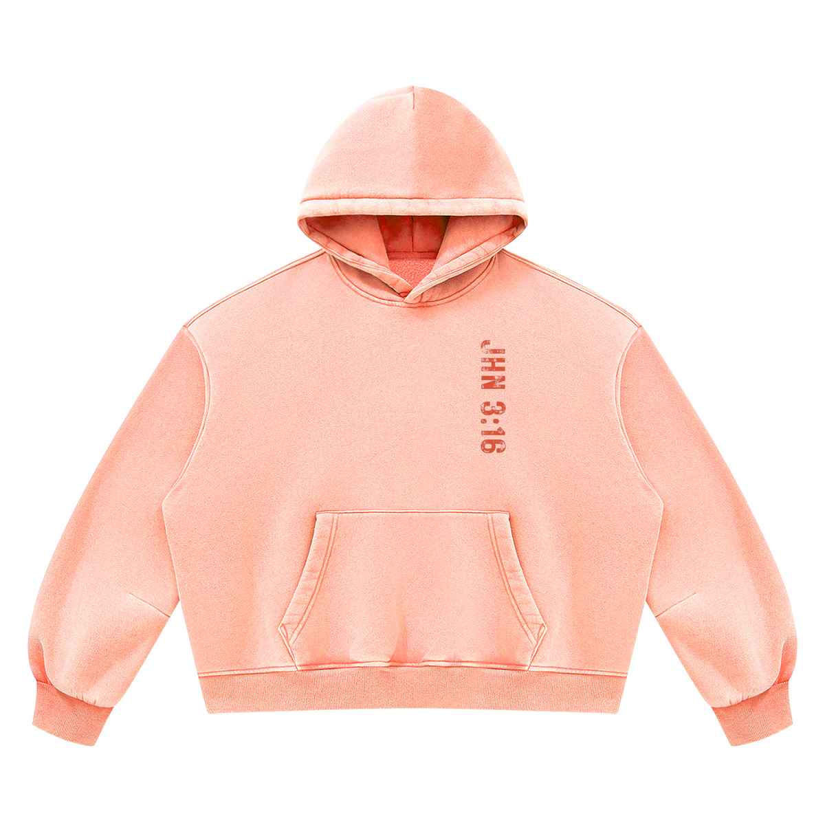 SVD vintage wash boxy hoodie in light pink with vertical John 3:16 print, front view