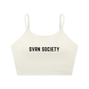 White crop top with 'SVRN SOCIETY' text on a white background