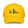 SVRN Society yellow foam trucker cap with Buy Bitcoin embroidery and breathable mesh back, front view.