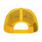 SVRN Society yellow foam trucker cap with breathable mesh back and adjustable plastic snapback closure