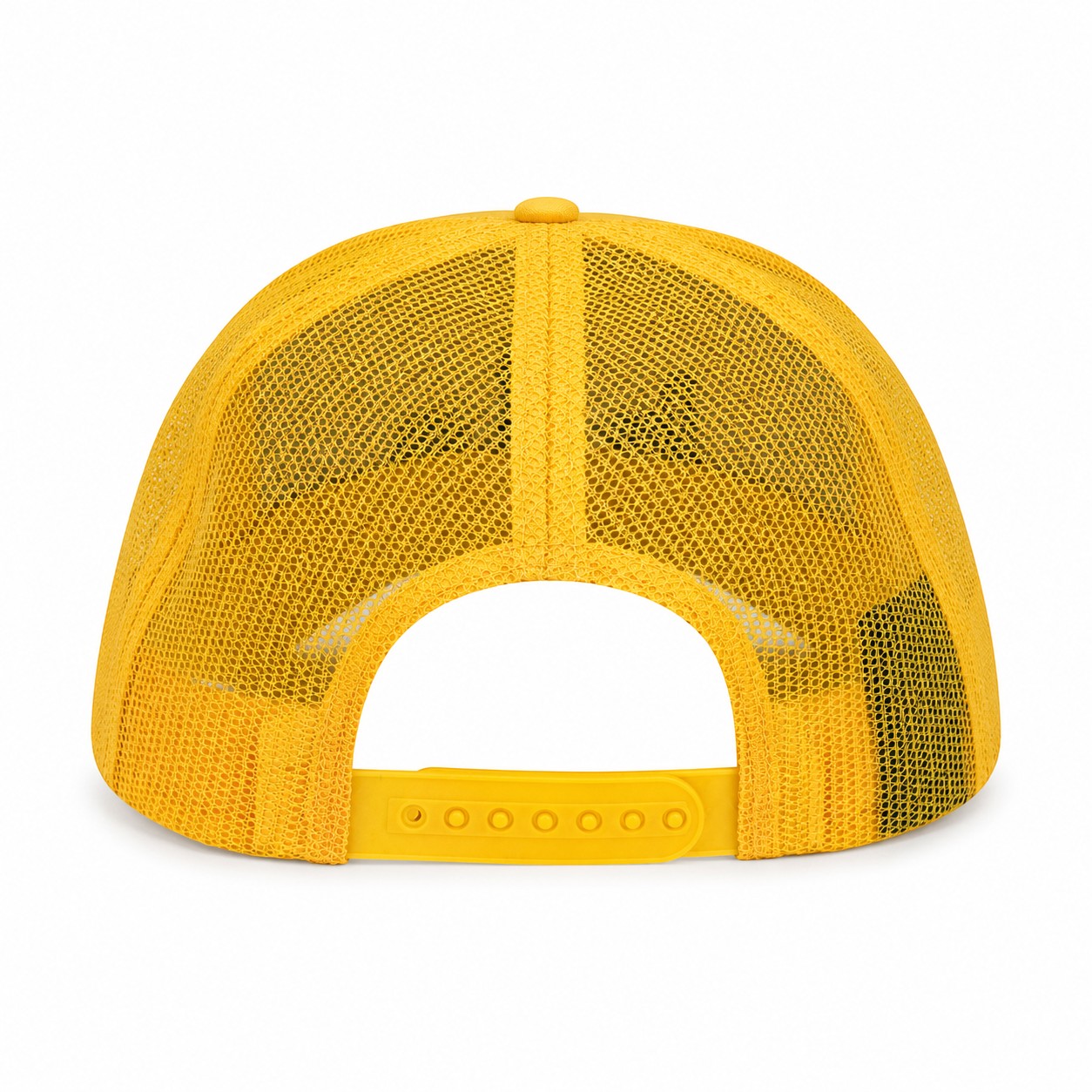 SVRN Society yellow foam trucker cap with breathable mesh back and adjustable plastic snapback closure