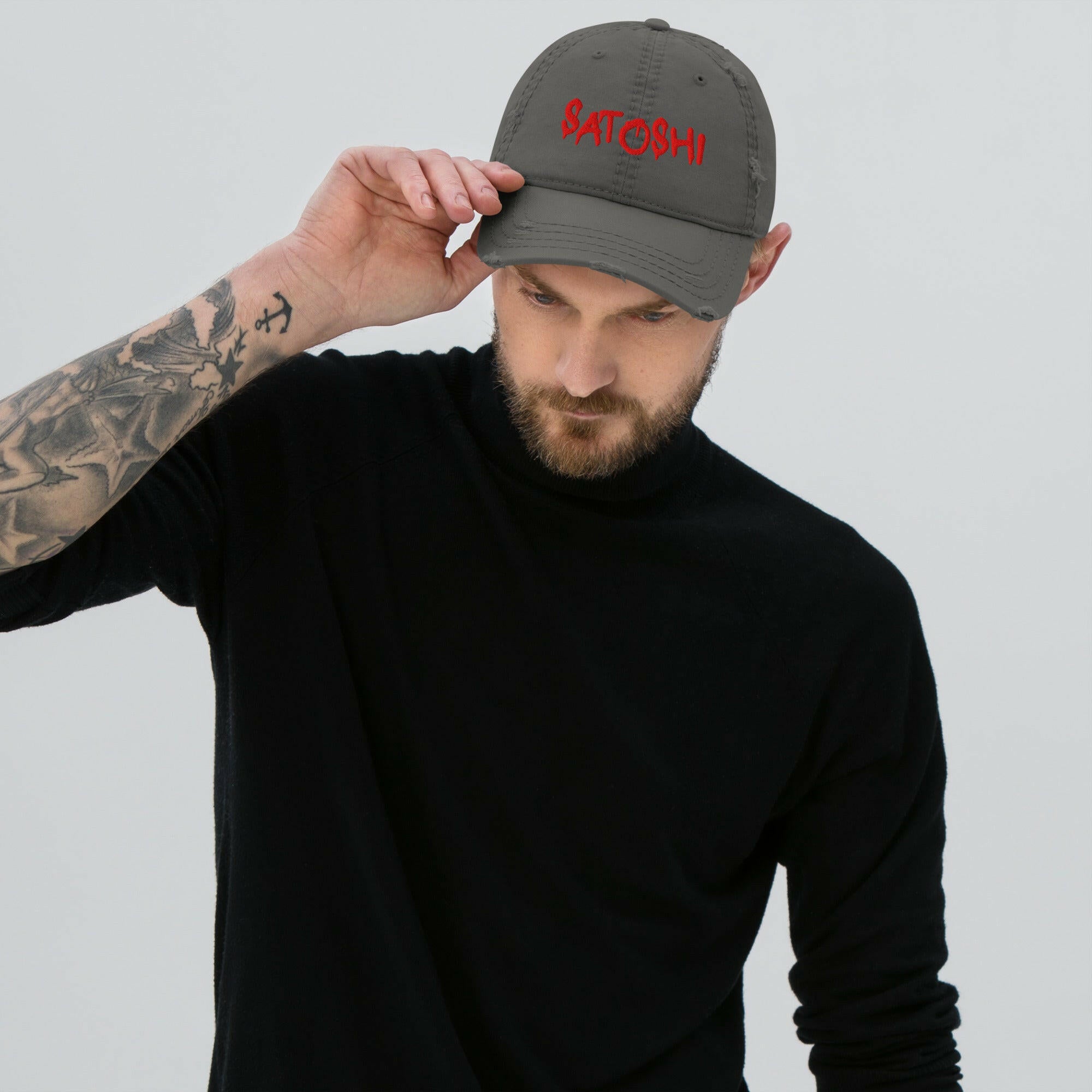 SATOSHI RED / Distressed Bitcoin Dad Hat - SVRN_T Hats - The Orange Habit