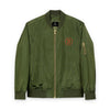 Green Unisex Bitcoin Bomber Jacket with Michael Saylor inspired circular Bitcoin B embroidered emblem by SVRNT - The Orange Habit