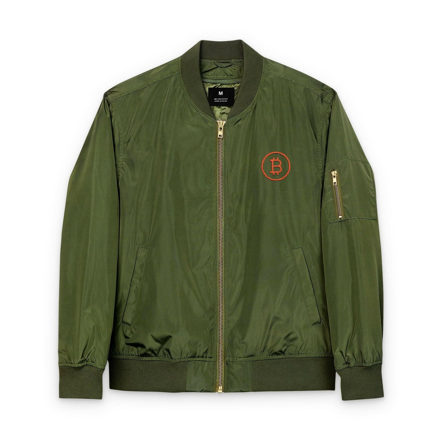 Green Unisex Bitcoin Bomber Jacket with Michael Saylor inspired circular Bitcoin B embroidered emblem by SVRNT - The Orange Habit