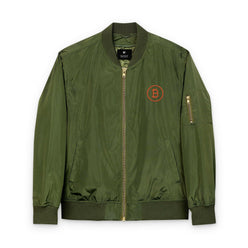 Green Unisex Bitcoin Bomber Jacket with Michael Saylor inspired circular Bitcoin B embroidered emblem by SVRNT - The Orange Habit