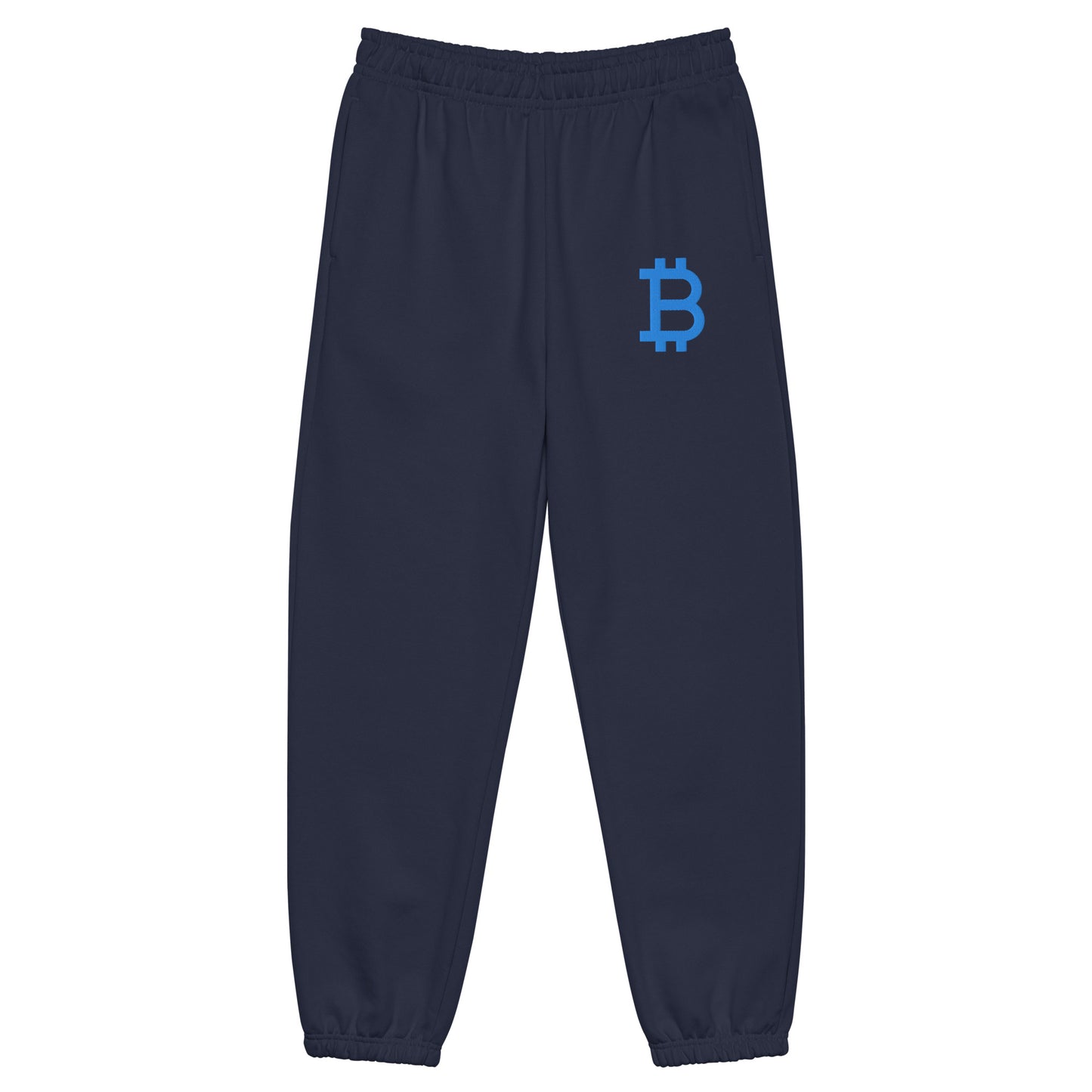 blue sweatpants by SVRN_T with a light blue embroidered bitcoin B | The Orange Habit