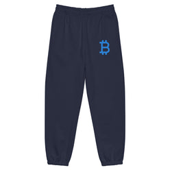 blue sweatpants by SVRN_T with a light blue embroidered bitcoin B | The Orange Habit