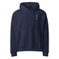 blue oversized hoodie by svrn_t with blue bitcoin logo embroidered | the orange habit