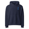blue oversized hoodie by svrn_t with blue bitcoin logo embroidered | the orange habit