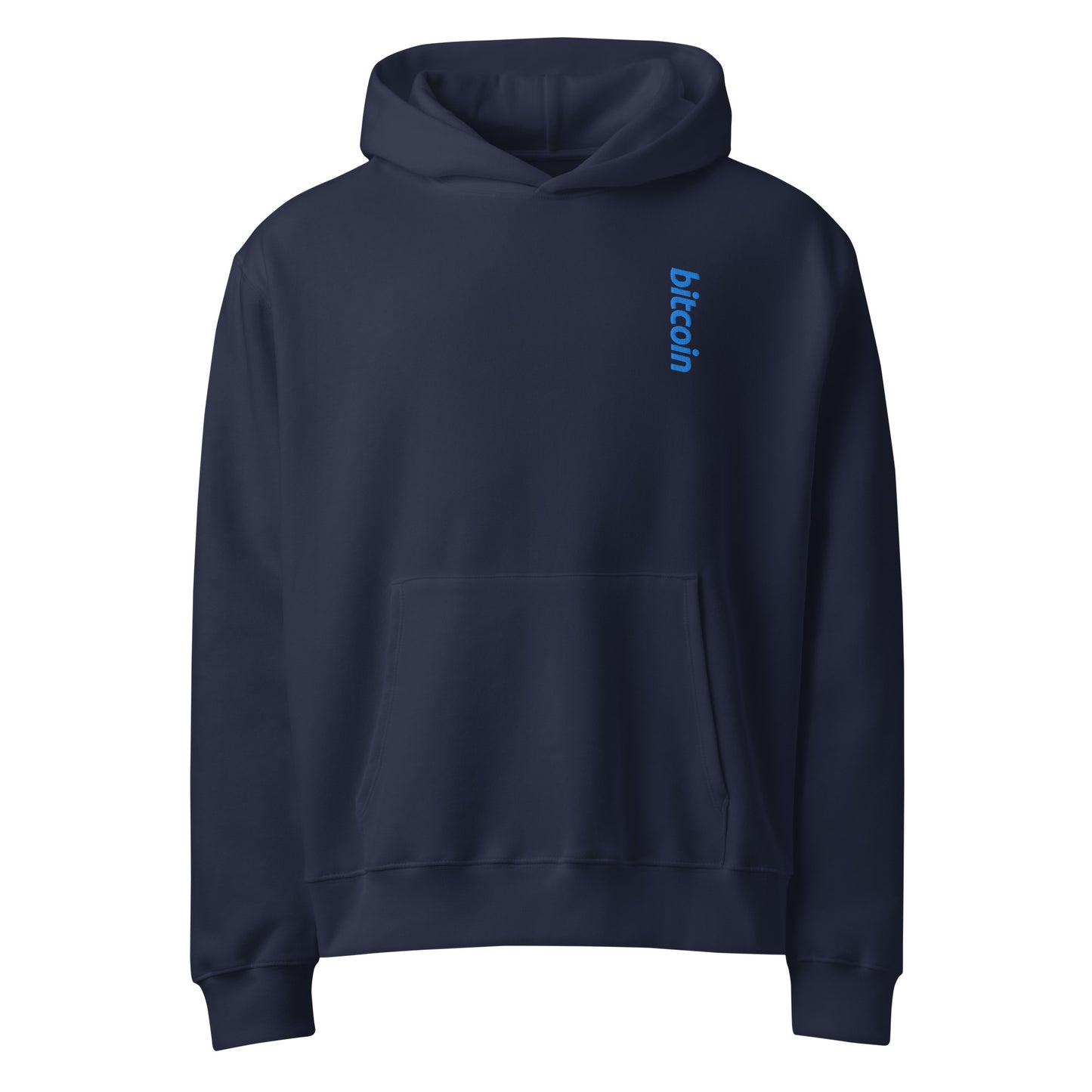 blue oversized hoodie by svrn_t with blue bitcoin logo embroidered | the orange habit