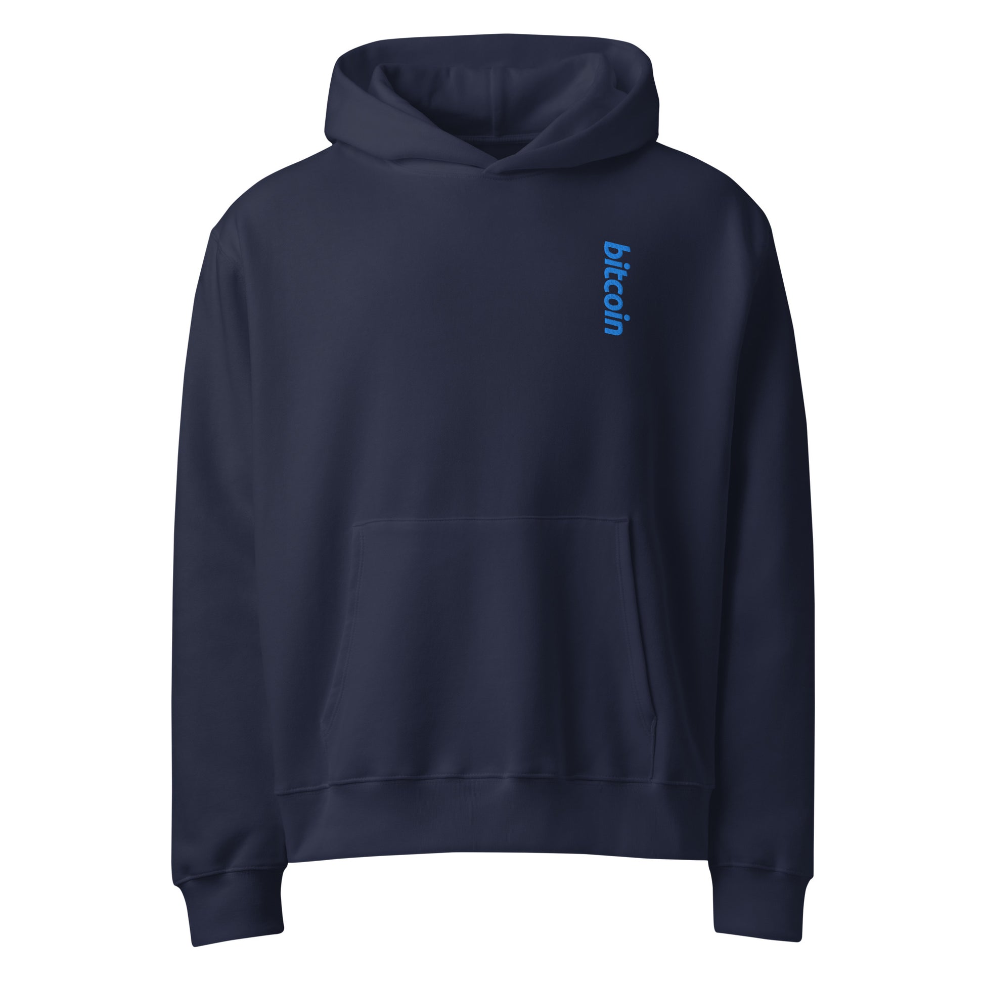 blue oversized hoodie by svrn_t with blue bitcoin logo embroidered | the orange habit