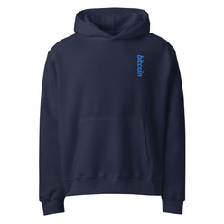 blue oversized hoodie by svrn_t with blue bitcoin logo embroidered | the orange habit