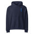 blue oversized hoodie by svrn_t with blue bitcoin logo embroidered | the orange habit