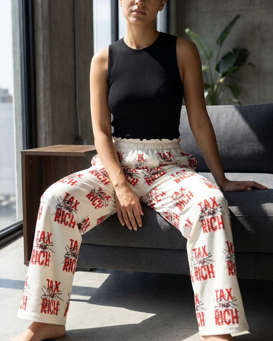 Woman wearing a black sleeveless top and tax the rich pants with red text, sitting on a couch - svrn society.