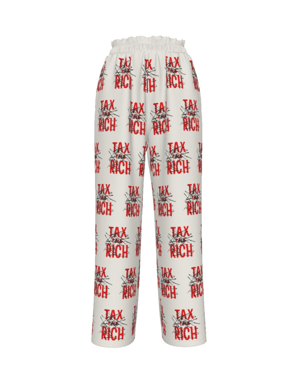 Cream women's Bitcoin pants with 'Tax Rich' text pattern on a white background