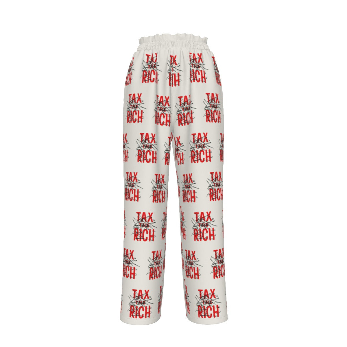 Cream women's Bitcoin pants with 'Tax Rich' text pattern on a white background