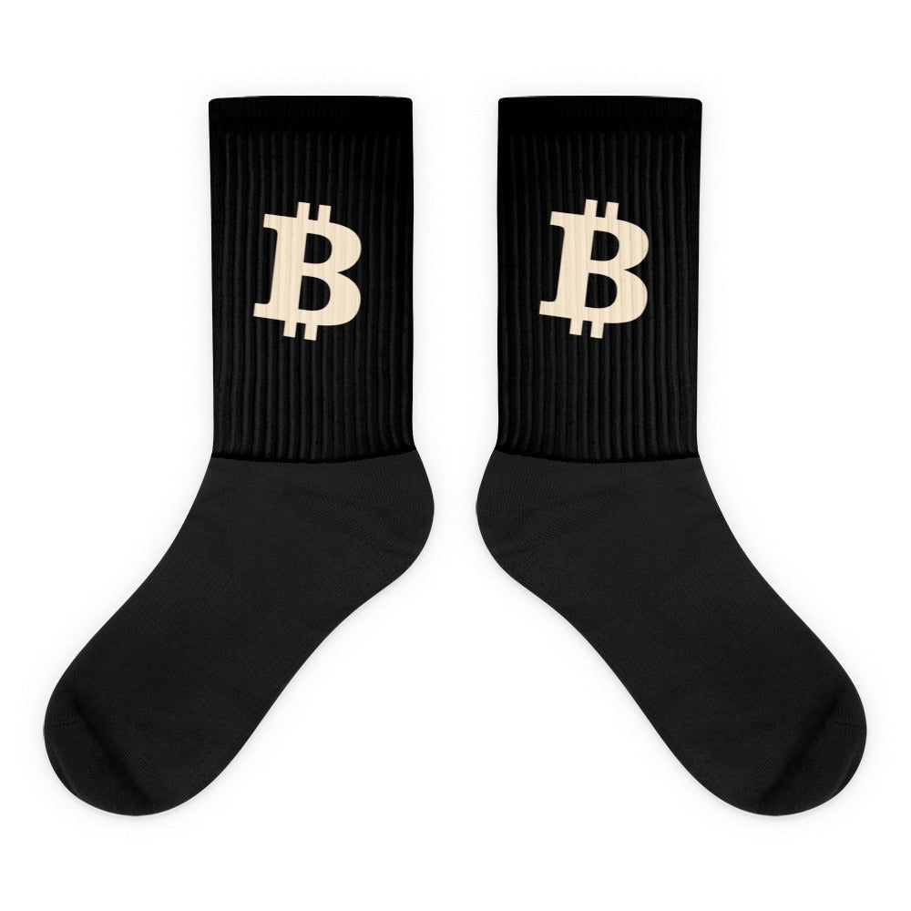 black bitcoin socks with a cream bitcoin b by SVRN_T at SVRN Society